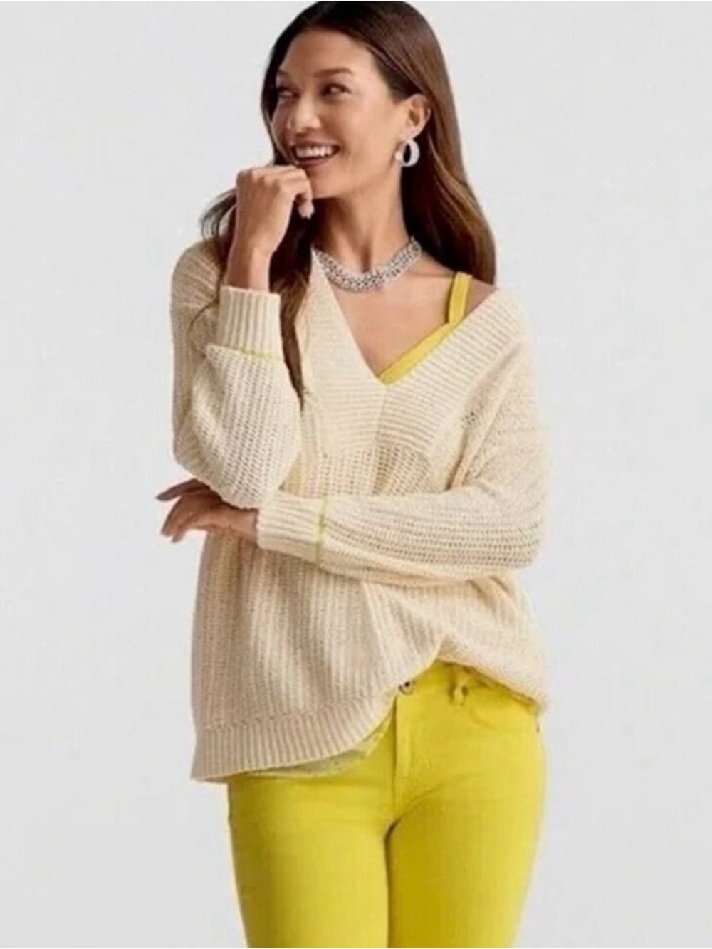 CAbi Cream V-Neck Knit Sweater with Yellow Accents